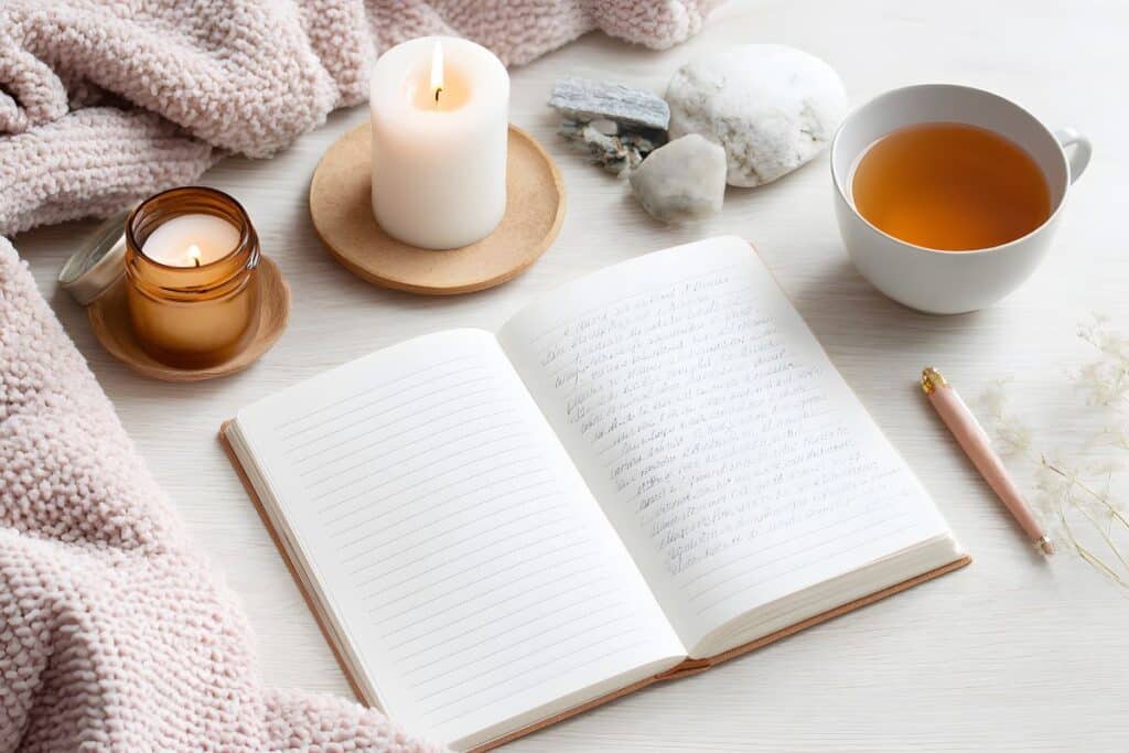 open notebook showing a page of writing beside a pink pen, a tea cup, candles and a pink blanket